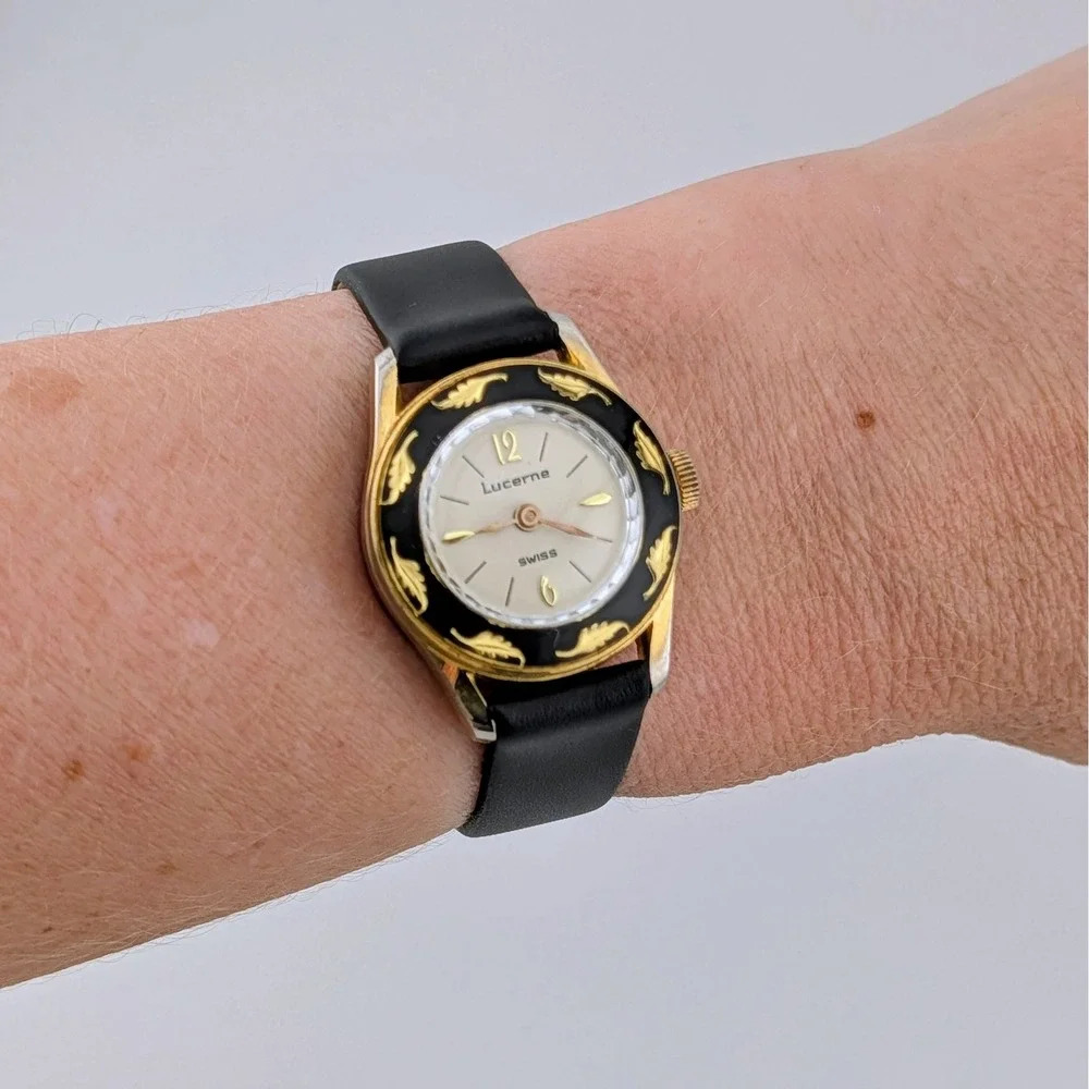 Vintage Lucerne Swiss Manual Wind Black Gold Leaf Dial Women's Watch 1960s 70s